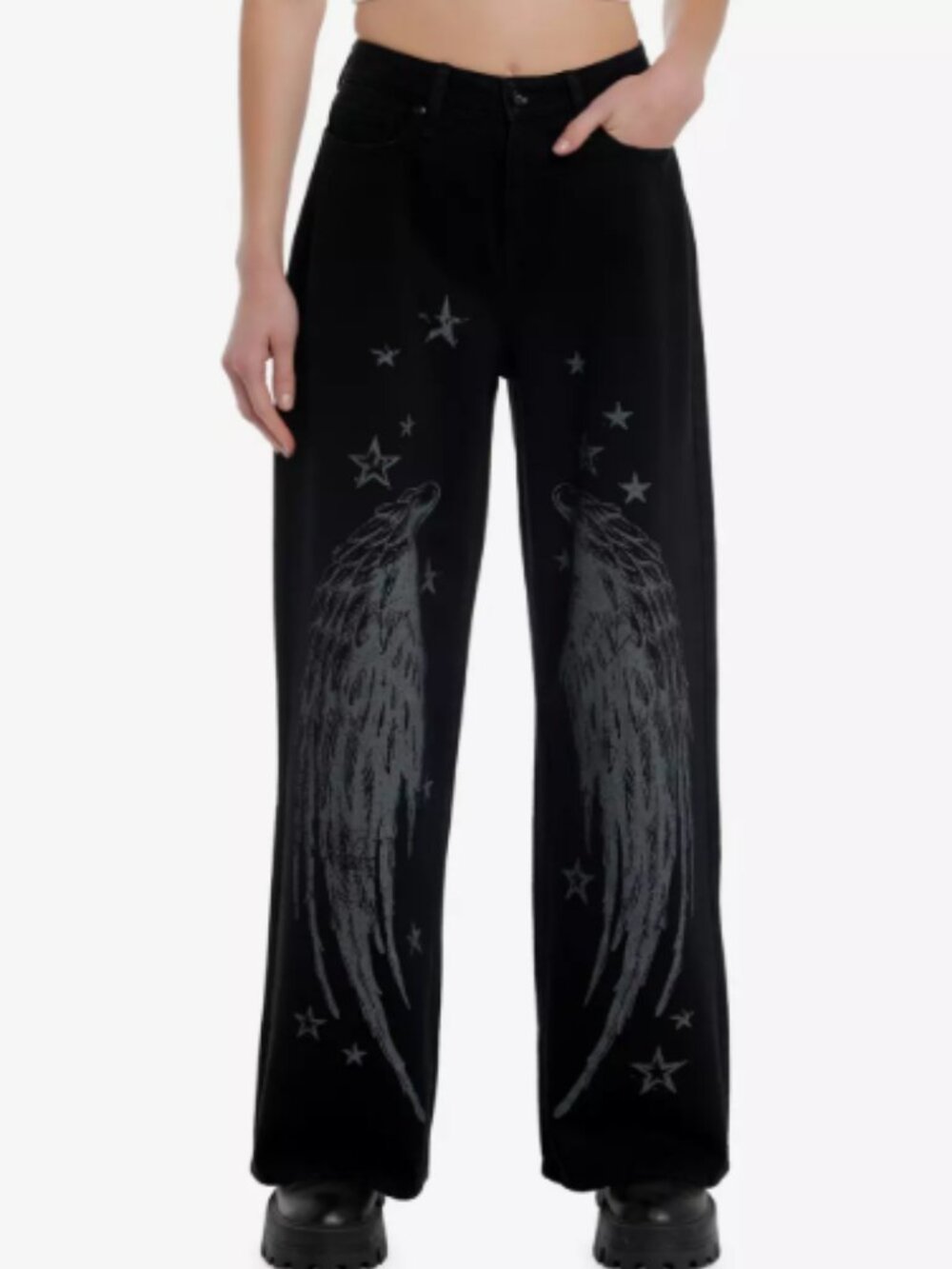 Hot Topic Black & Grey Wing Star Print Wide Leg Jeans size 7